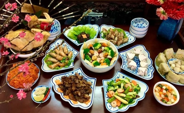 Vietnamese traditional offering trays prepared for Lunar New Year's Eve